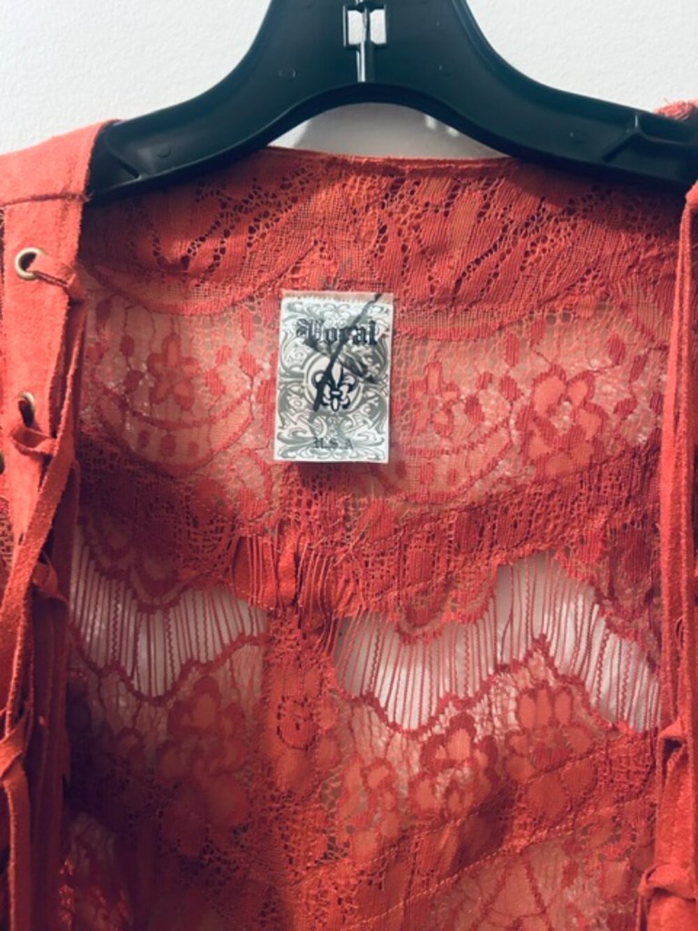 Vocal Women's Red Brick Suede Lace Stitching Fringe Open Tassel Jacket NEW - Picture 4 of 16